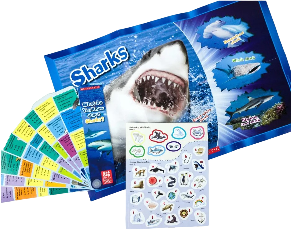 Sharks In A Box - 3 Books (include stickers, a fan deck of fascinating Q&A, a poster, and a parent’s guide)