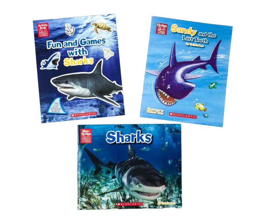 Sharks In A Box - 3 Books (include stickers, a fan deck of fascinating Q&A, a poster, and a parent’s guide)